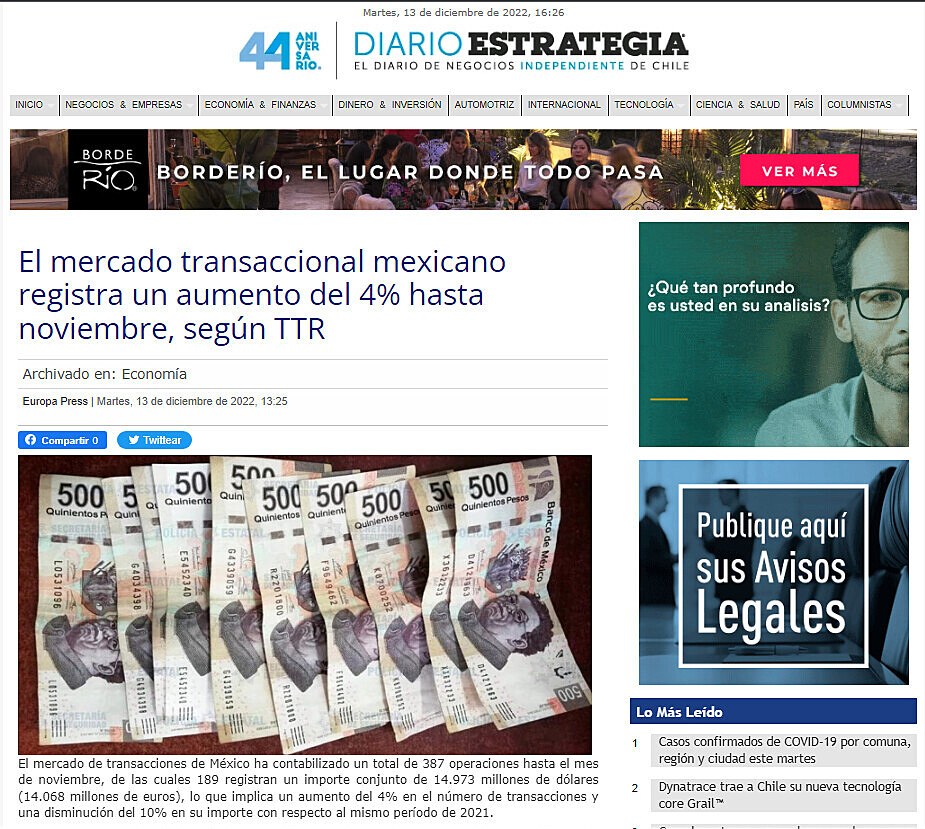 El mercado transaccional mexicano registra un aumento del 4% hasta noviembre, segn TTR